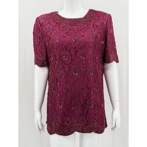 Candlelight & Champagne Top Women 16W Burgundy Beaded Floral Lace Evening Formal